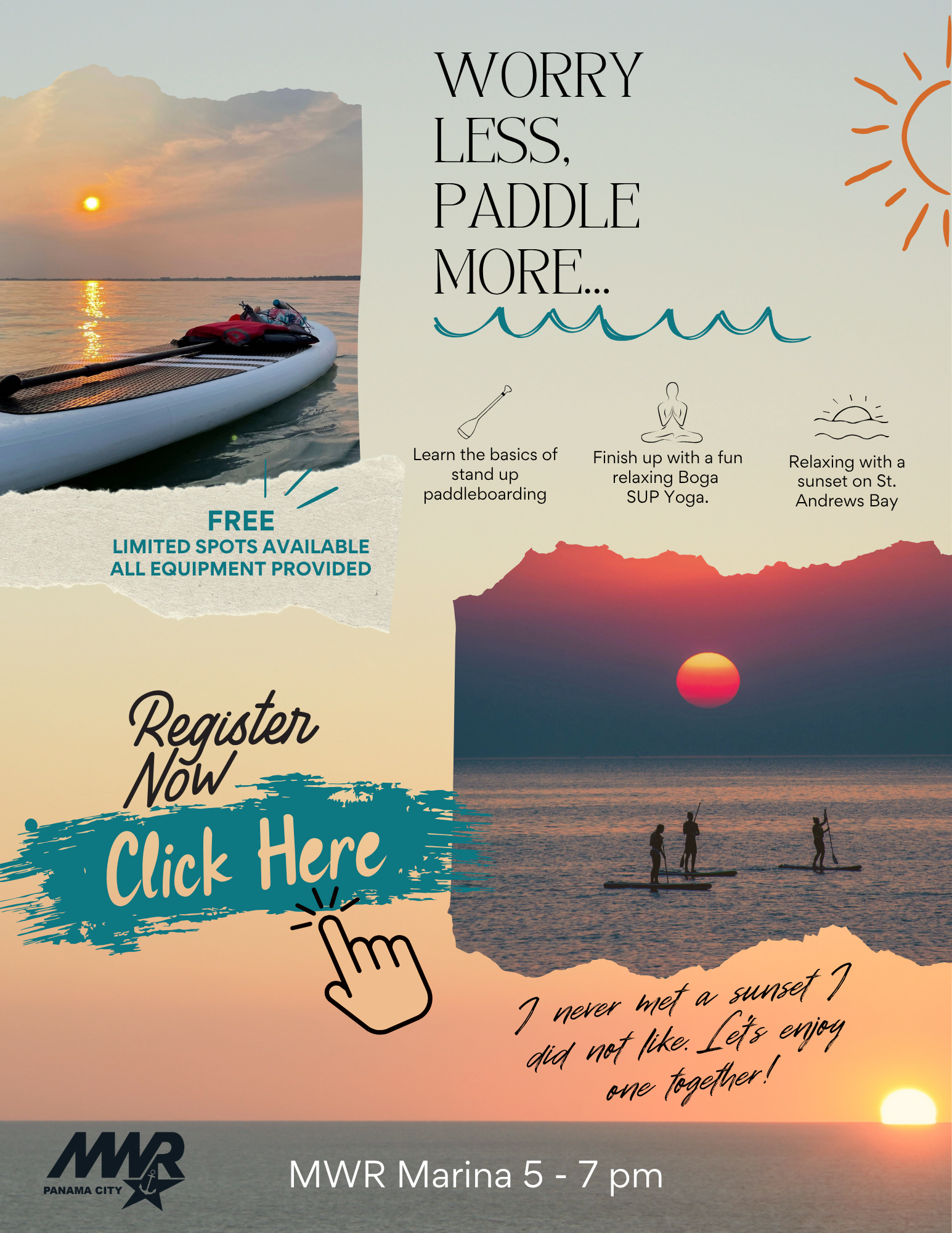 NSA Panama City MWR Community Recreation promoting sunset paddleboard online registration.