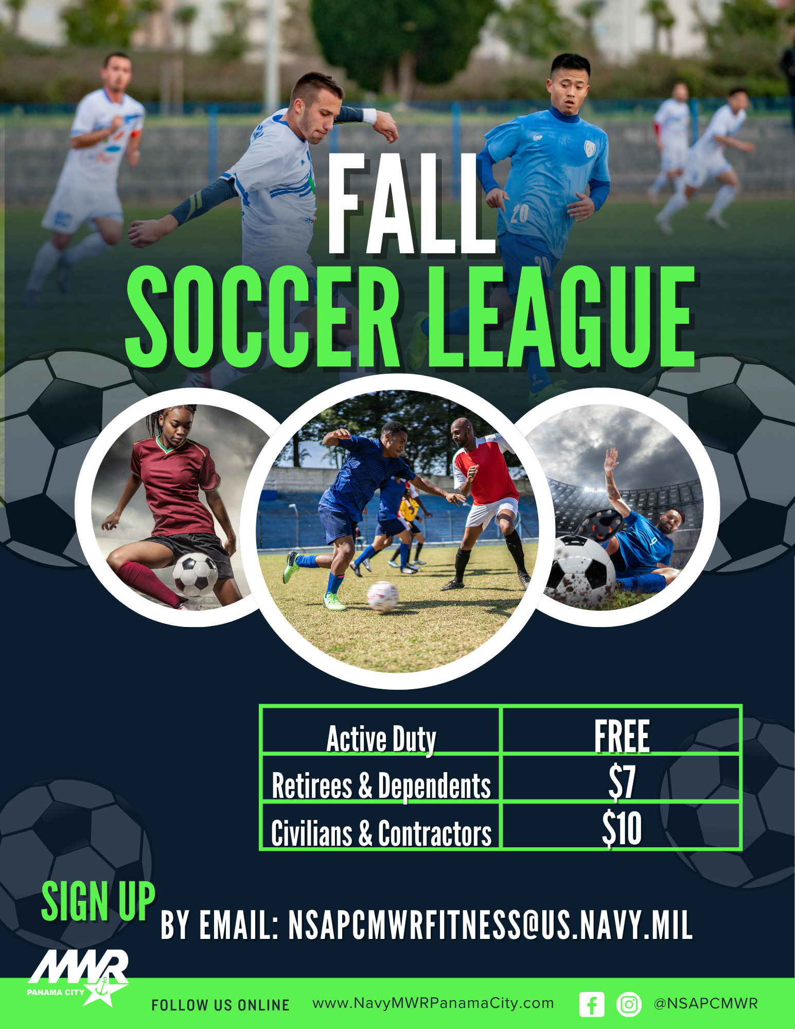 NSA Panama City MWR fitness promoting Fall intramural soccer league registration.