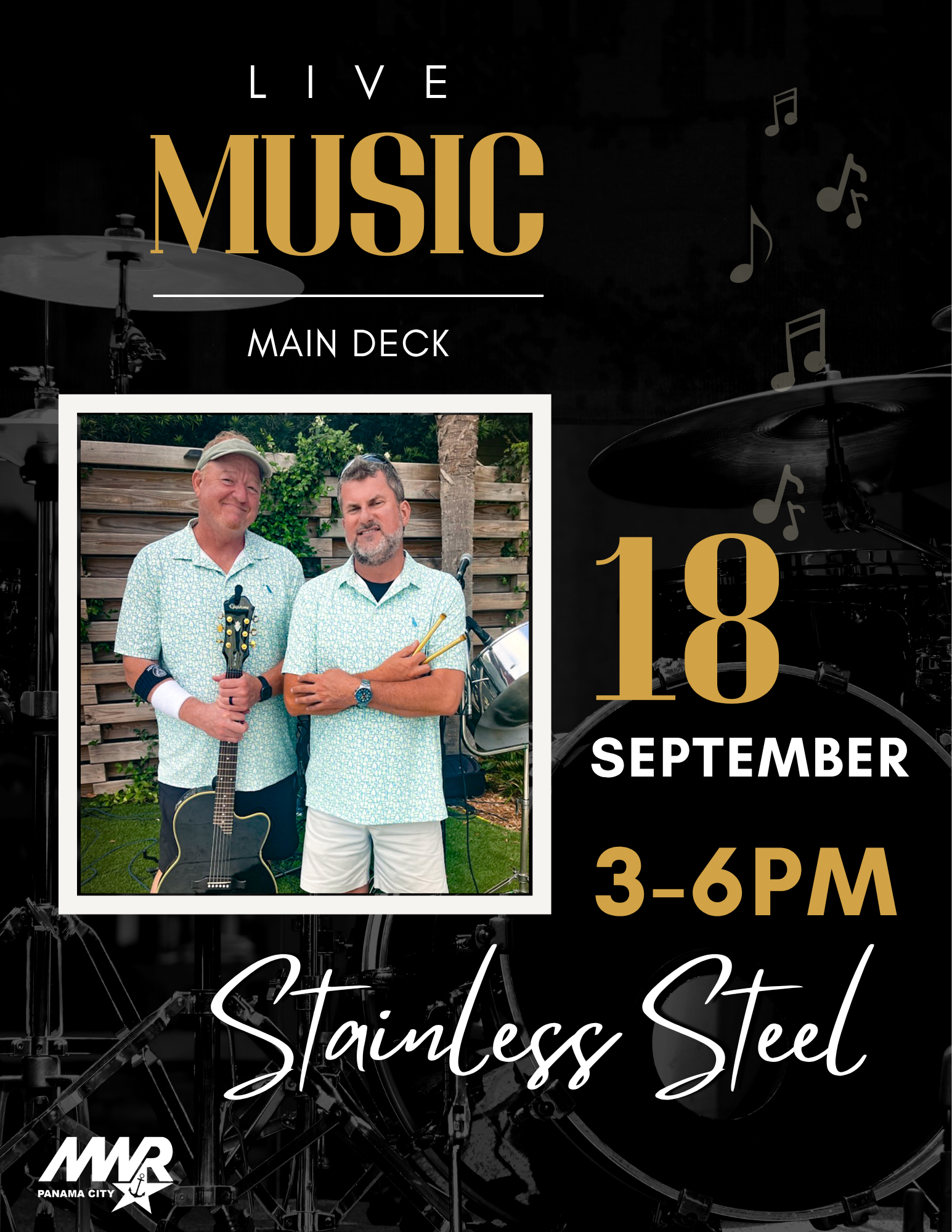 NSA Panama City MWR community recreation promoting Main Deck live music event on 25 July featuring Stainless Steel.