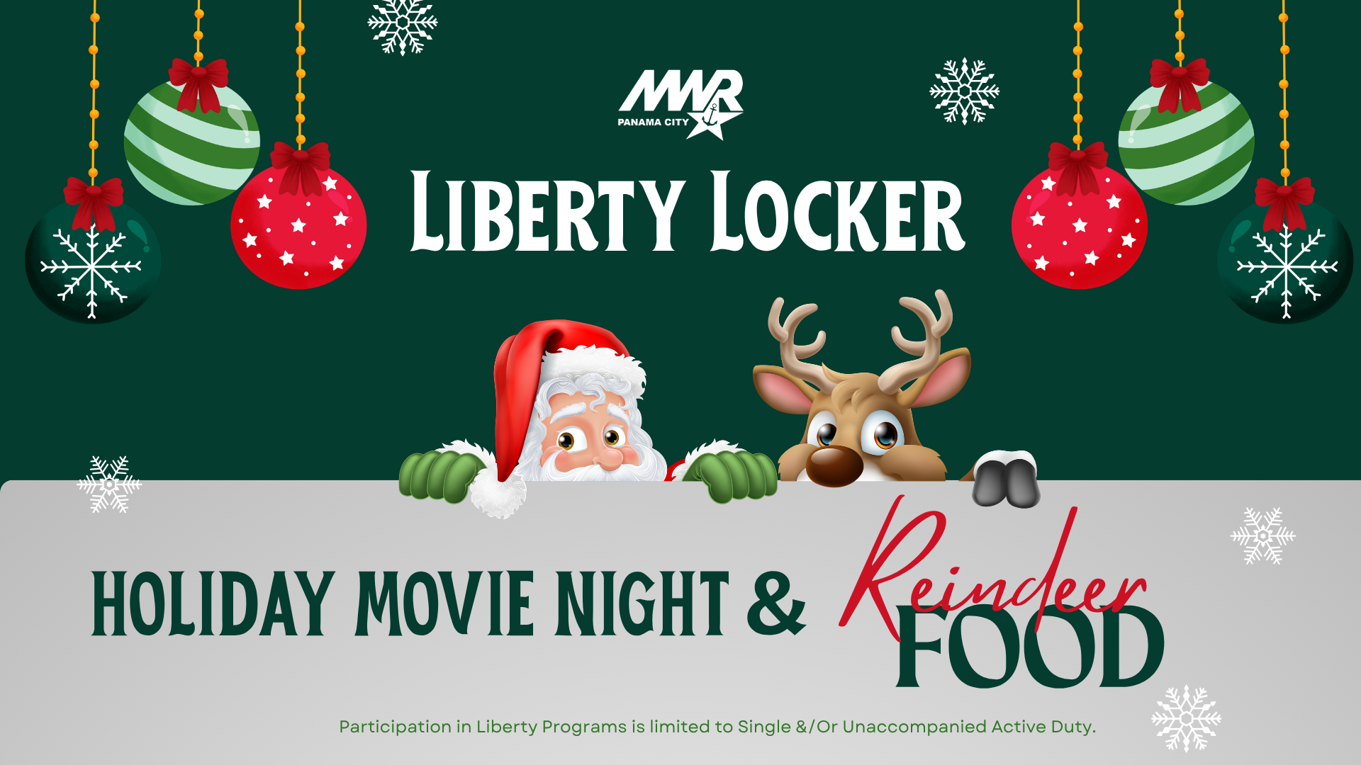 NSA Panama City MWR Liberty Locker promoting holiday movie night and reindeer food snack craft.