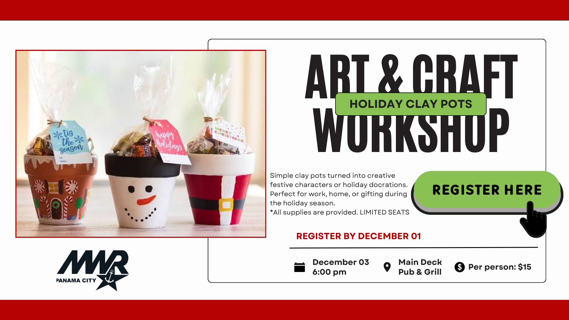 NSA Panama City MWR community recreation promoting art and craft holiday clay pots workshop online registration.