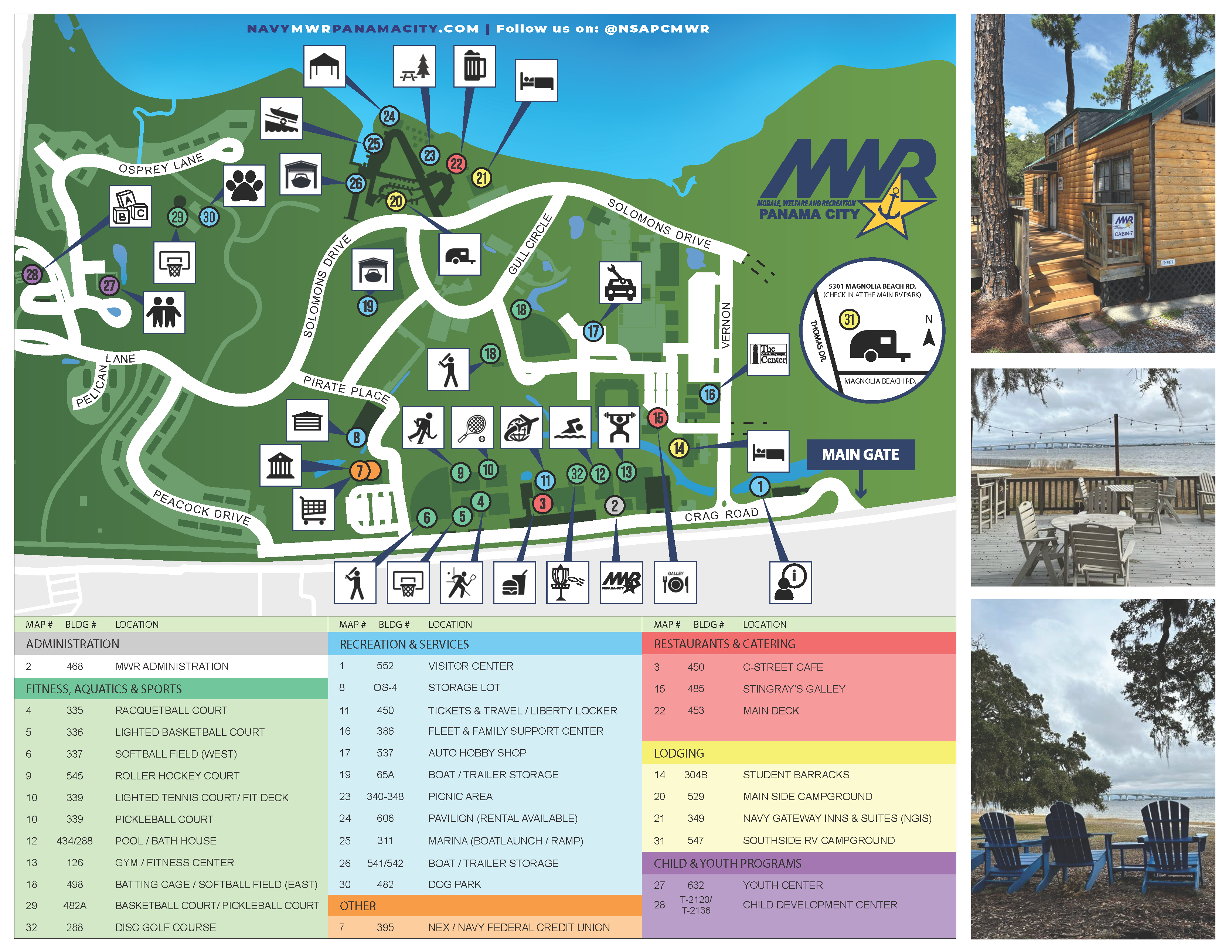 NSA Panama City MWR Base Map with numbered location markers and facility icons. Includes a map legend with location numbers, building numbers, and facility titles. 