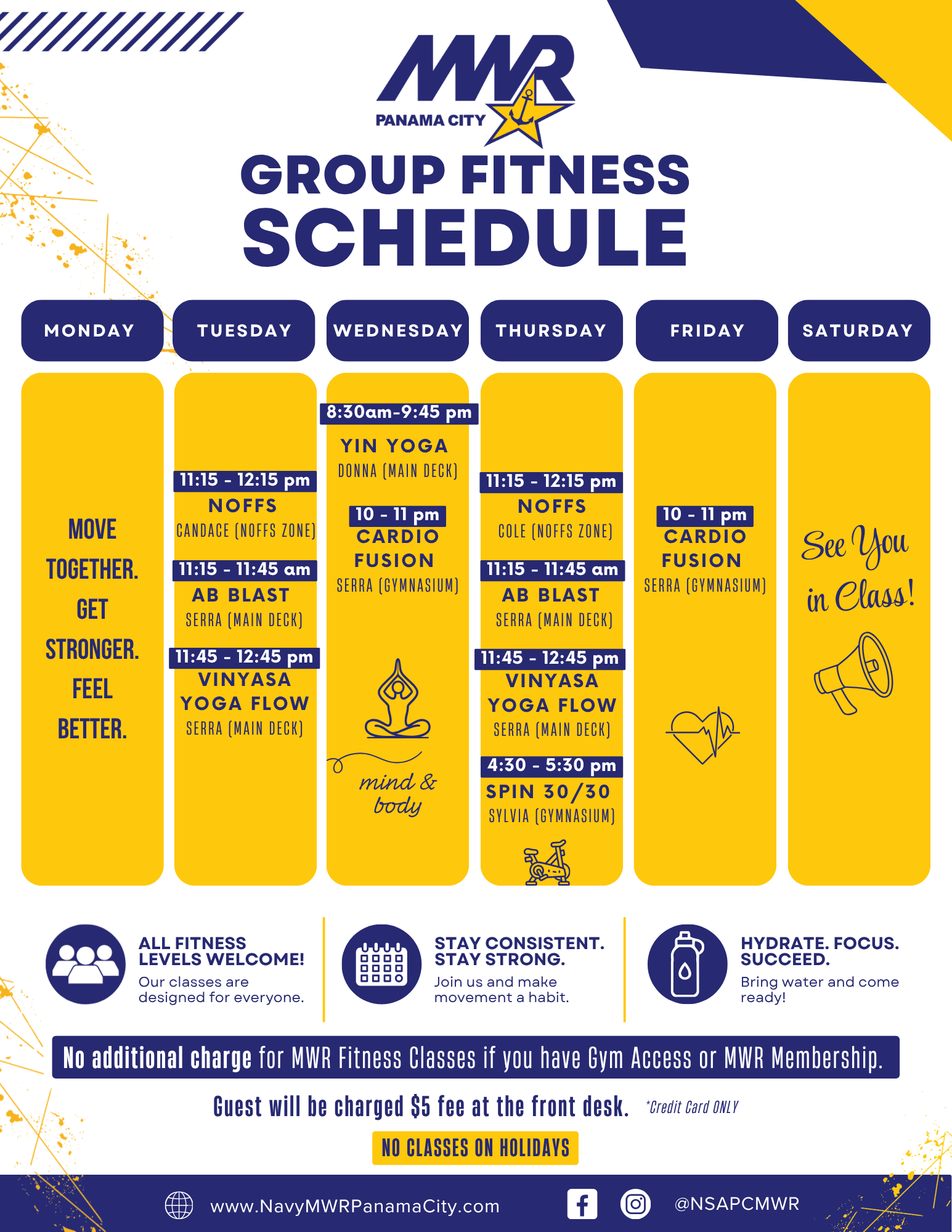 NSA Panama City MWR Group Fitness weekly class schedule with times, locations, and class title.  