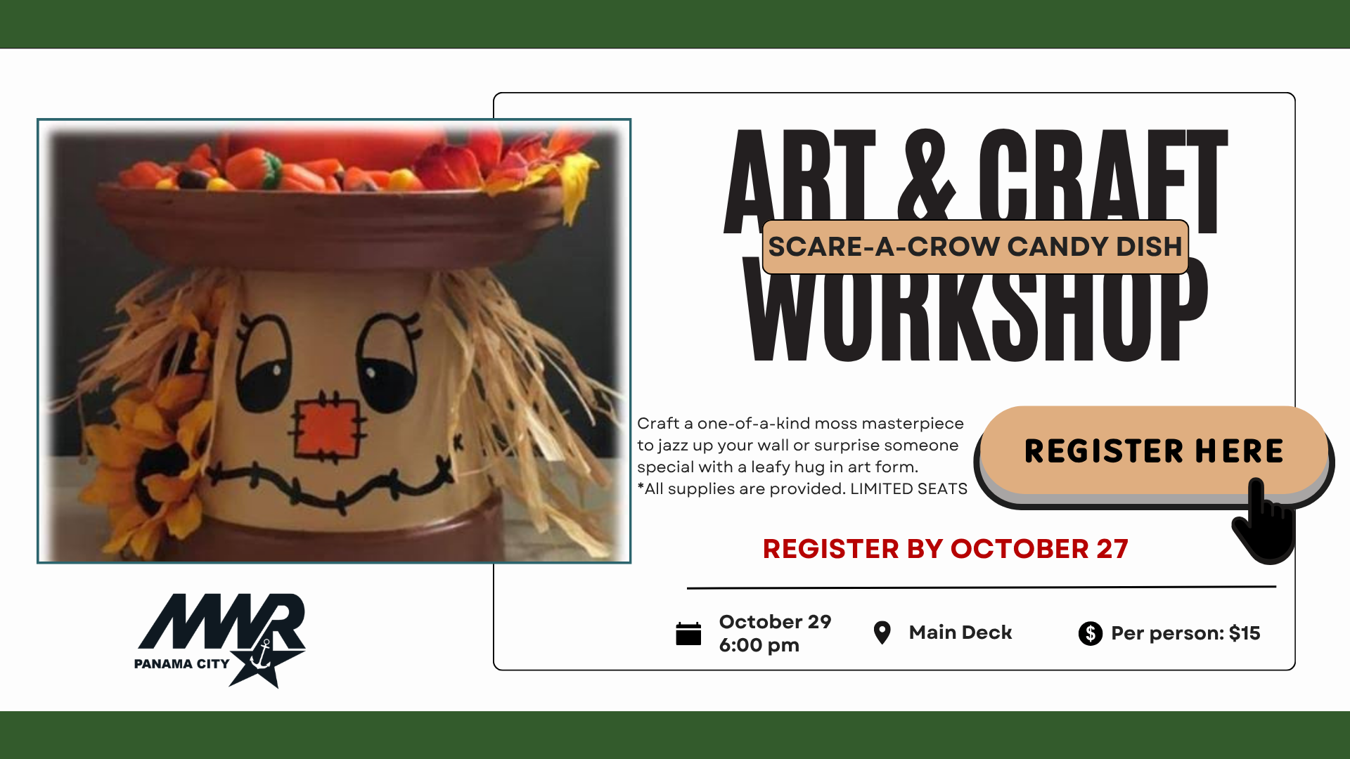 NSA Panama City MWR community recreation promoting art and craft scare-a-crow dish workshop online registration.