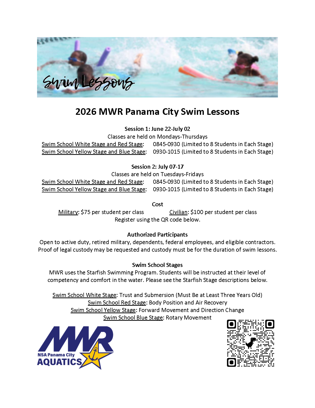 MWR NSA Panama City Aquatics 2026 Swim Lessons flyer showing summer swim lesson dates, class times, registration information, pricing, eligibility requirements, Starfish Swim School stages, and QR code registration for military and civilian participants.