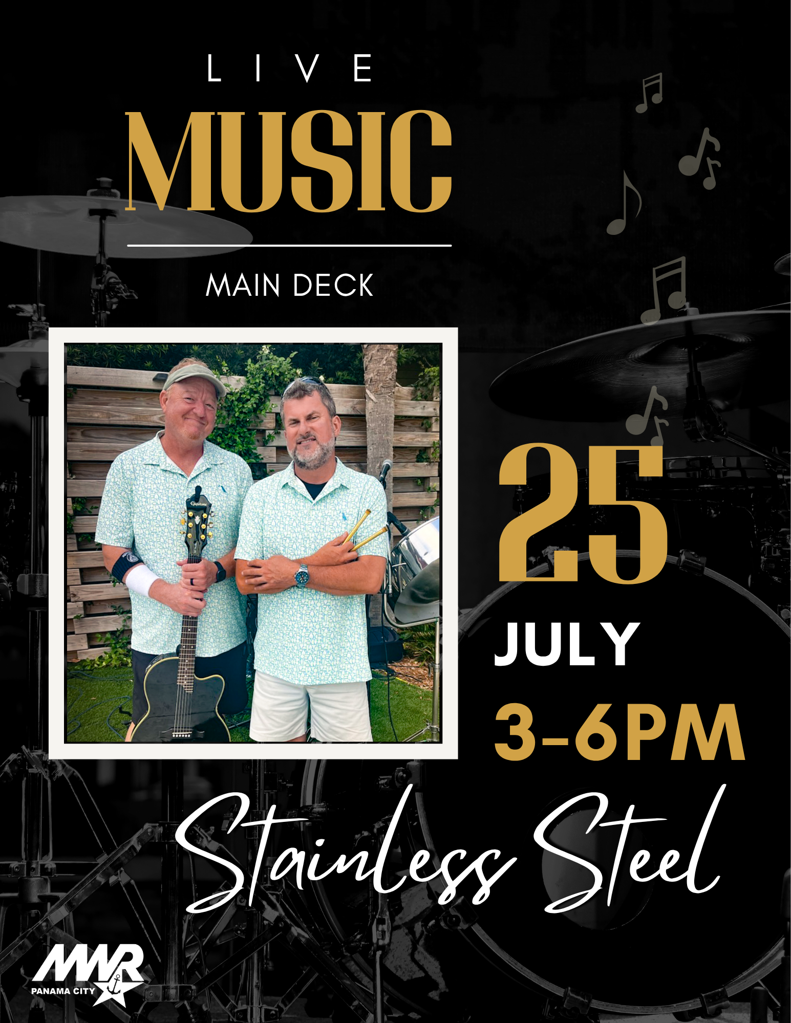 NSA Panama City MWR community recreation promoting Main Deck live music events on 25 July.