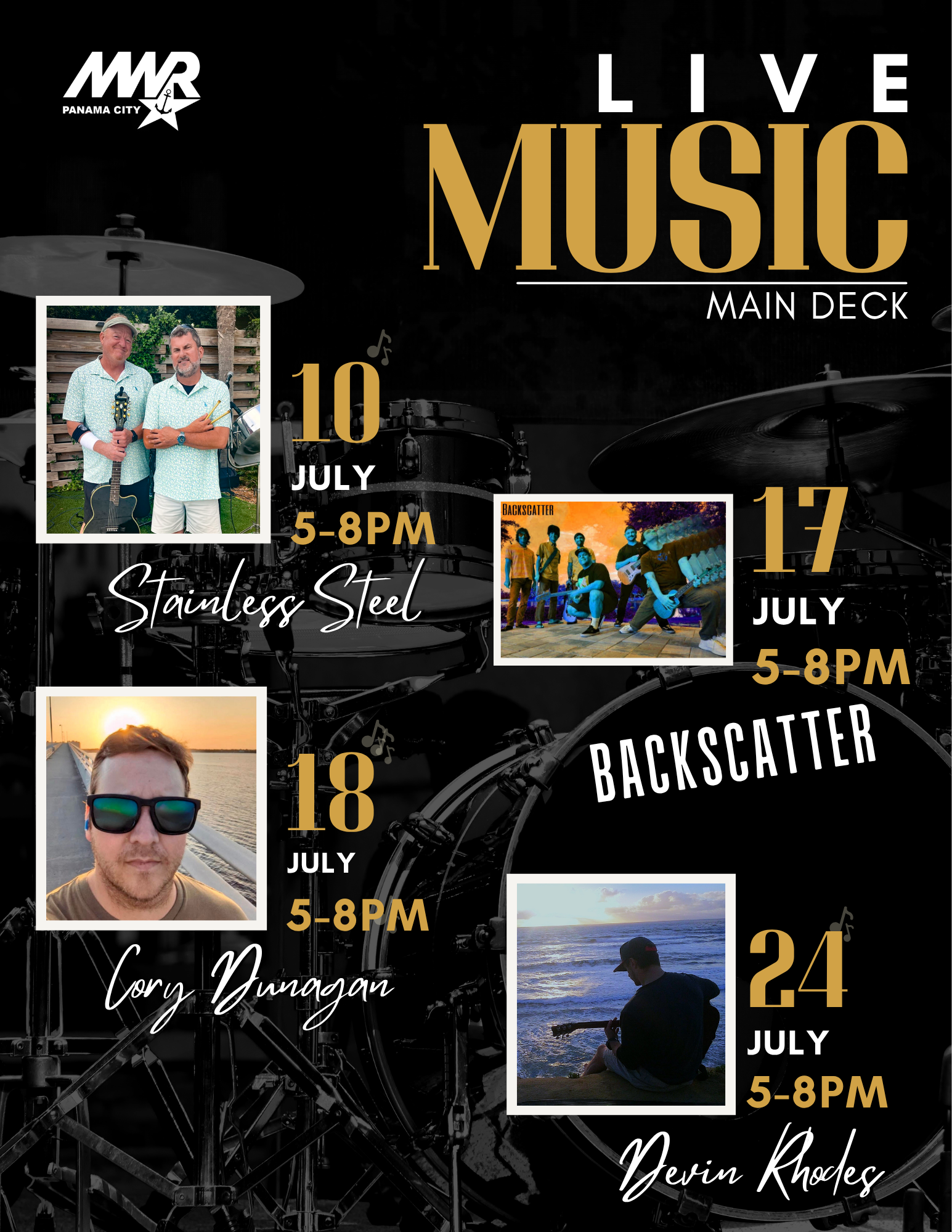 NSA Panama City MWR community recreation promoting Main Deck live music events on 10,17,18, 24 July.