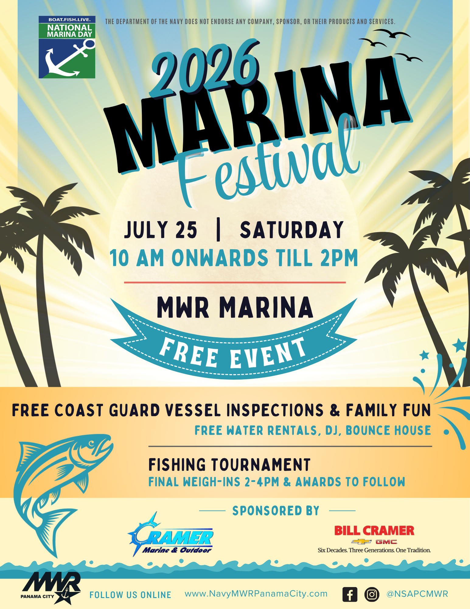 NSA Panama City MWR community recreation promoting Marina Day event sponsored by Cramer Outdoor Marine & Chevrolet, GMC.. No Navy endorsement implied.