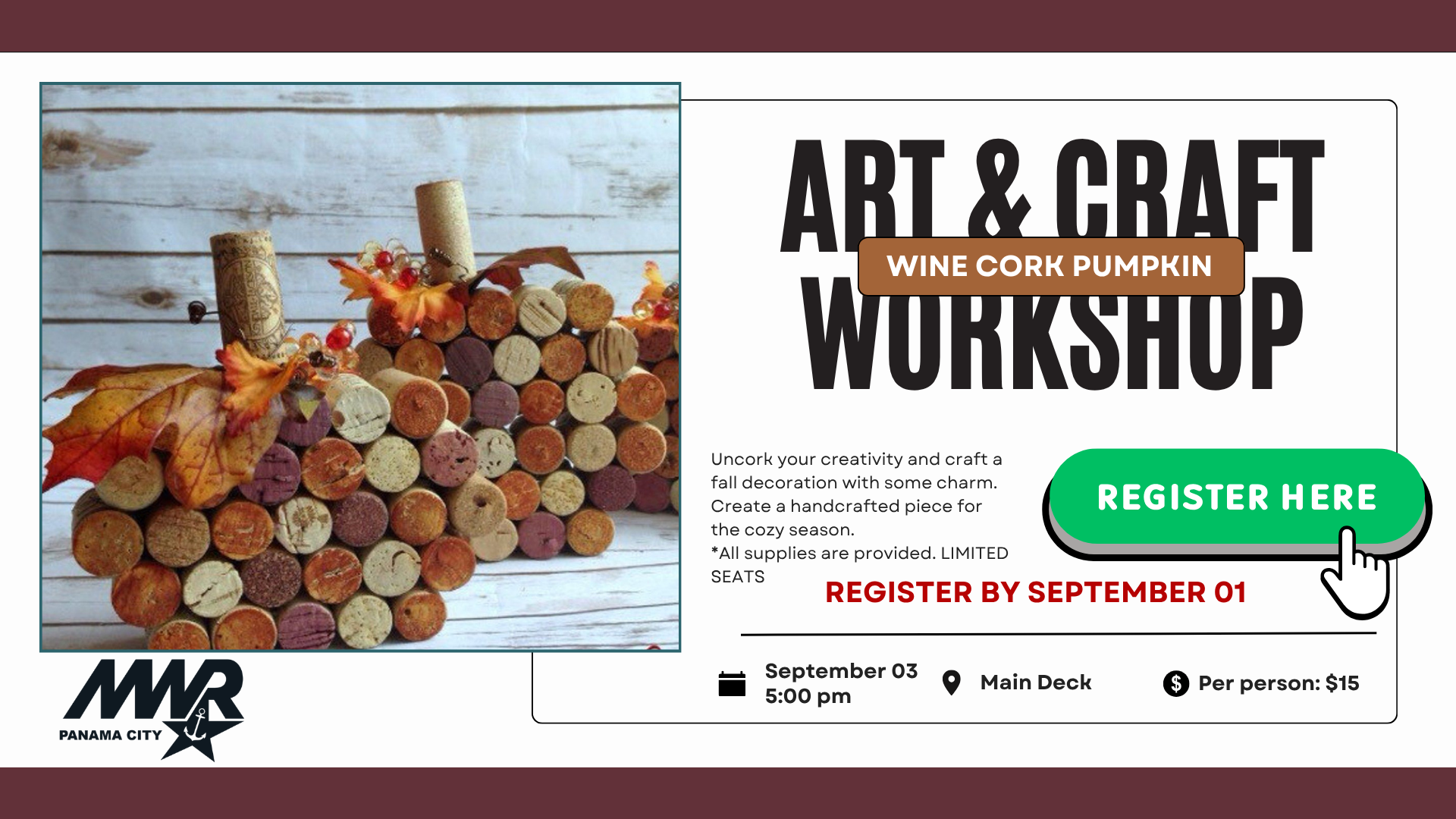 NSA Panama City MWR community recreation promoting art and craft wine cork pumpkin workshop online registration.