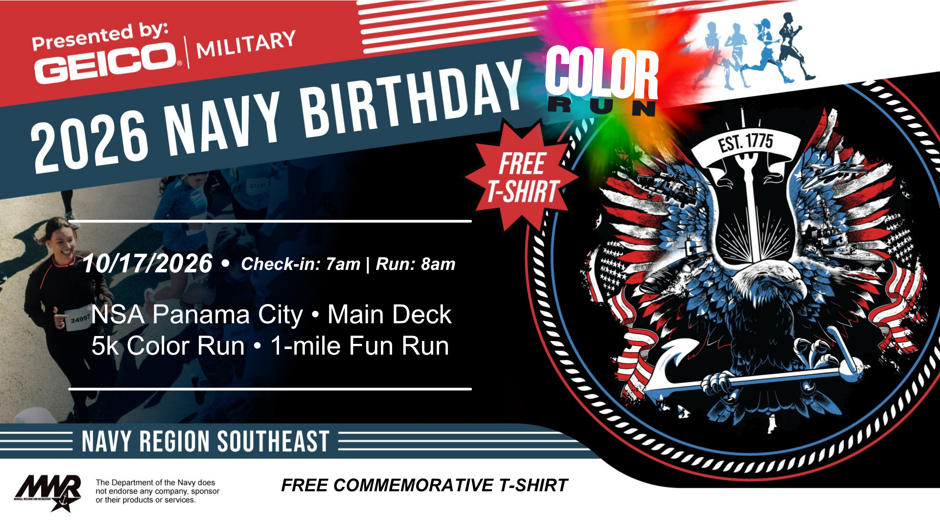 NSA Panama City MWR Fitness promoting 2026 Navy Birthday 5k Color Run.