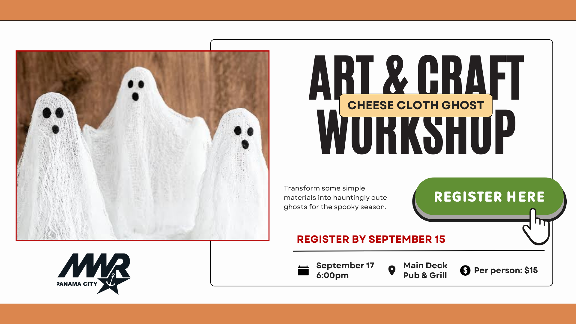 NSA Panama City MWR community recreation promoting art and craft cheese cloth ghost workshop online registratoin.