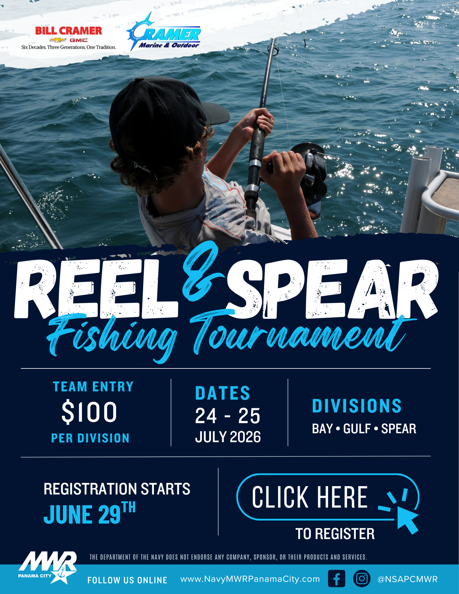 NSA Panama City MWR marina Reel & Spear Fishing Tournament encouraging online registration, sponsored by Cramer Outdoor Marine & Chevrolet, GMC. No Navy endorsement implied.