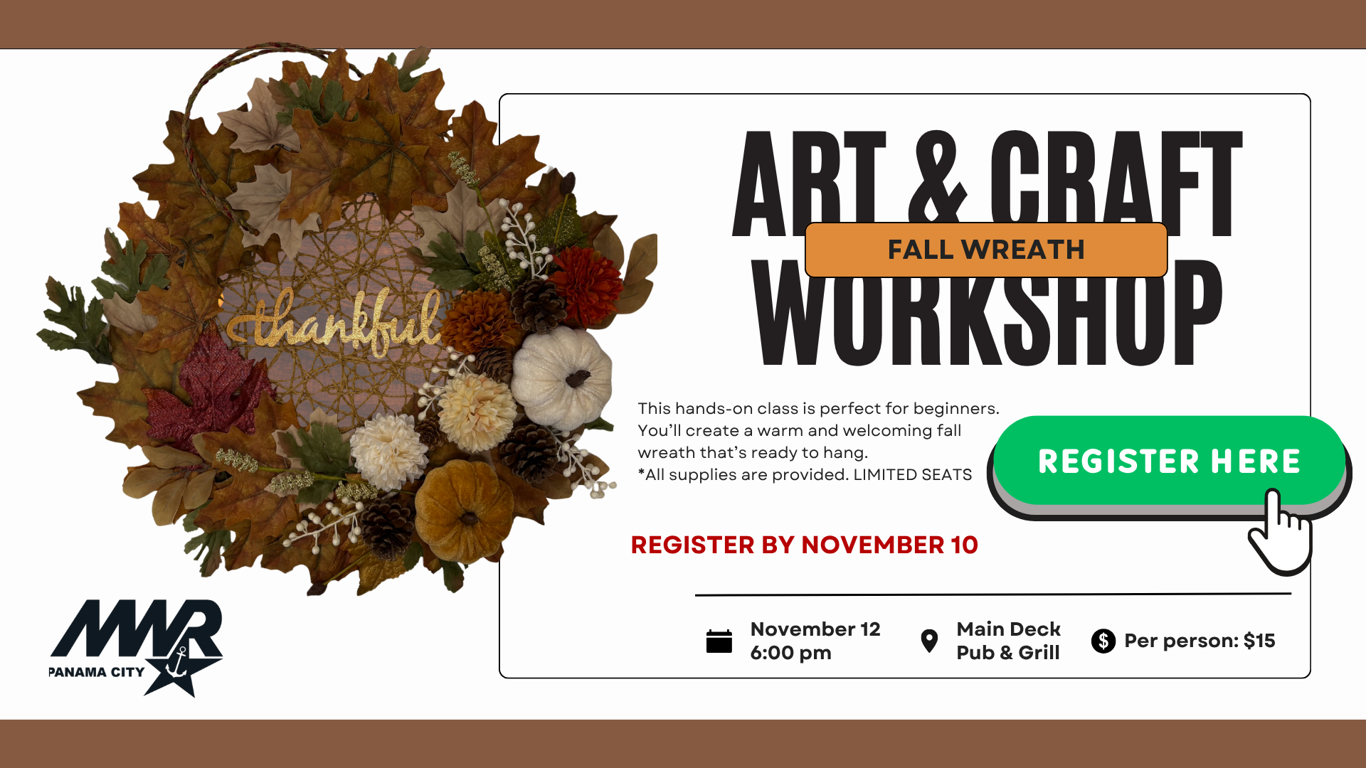 NSA Panama City MWR community recreation promoting art and craft Fall wreath workshop online registration.