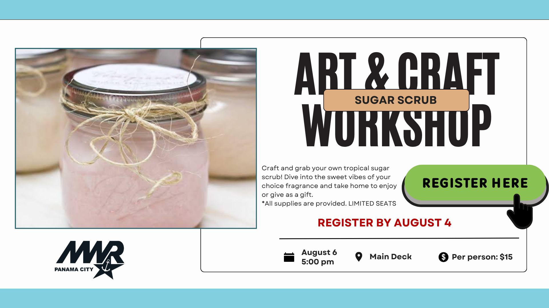 NSA Panama City MWR community recreation promoting art and craft sugar scrub workshop online registration.